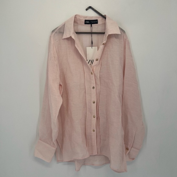 Zara Oversized Wrinkle Effect Semi Sheer Gold Button Detail Button Down Blouse - Picture 2 of 8